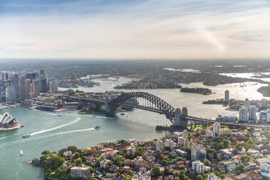 harbour bridge view from helicopter, sydney, australia.