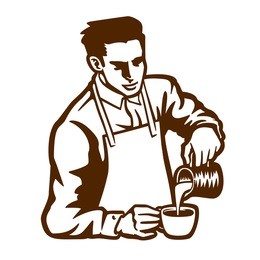 barista waiter with apron preparing cappuccino pouring milk in coffee cup latte art black and white simple vector illustration