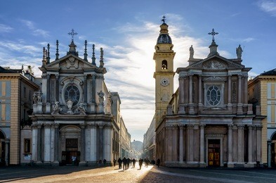 piazza san carlo, one of the main squares of turin (italy) with its twin churches
