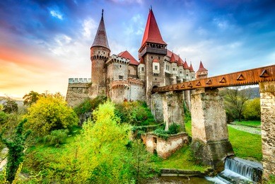hunyad castle. beautiful panorama of the corvin's castle with wooden bridge, hunedoara, transylvania, romania, europe.