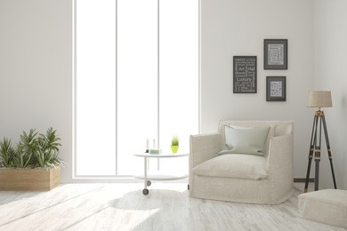 white room with armchair. scandinavian interior design. 3d illustration