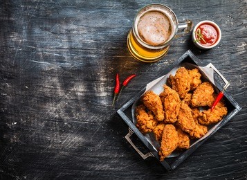 buffalo style chicken wings served with cold beer, top view with copy space