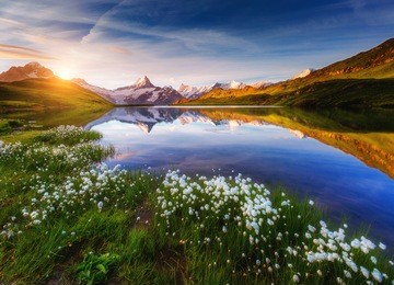 great view of mt. schreckhorn and wetterhorn above bachalpsee lake. dramatic and picturesque scene. popular tourist attraction. location place swiss alps, grindelwald valley, europe. beauty world.