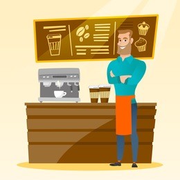 caucasian friendly barista sanding in front of coffee machine. male barista at coffee shop. barista making a cup of coffee. friendly barista at work. vector flat design illustration. square layout.