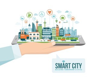 hand holding a digital tablet with a contemporary smart city and apps icons: augmented reality and internet of things concept