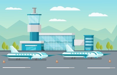 airport building and airplanes on runway with traffic cones on natural landscape background orthogonal vector illustration