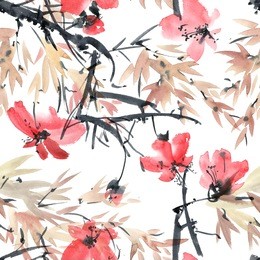 watercolor and ink illustration of blossom tree. sumi-e, u-sin painting. seamless pattern.
