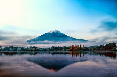 mt fuji in the early morning with reflection on the lake kawaguchiko