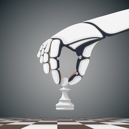 robot arm holding a chess pawn. artificial intelligence. stock cartoon illustration.