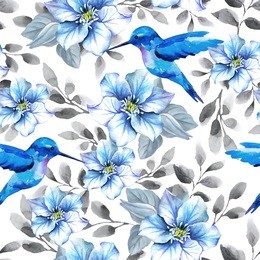flower pattern with blue flowers and hummingbirds. watercolor seamless background with birds.