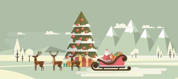 retro christmas background with santa claus and reindeer, vector flat design.