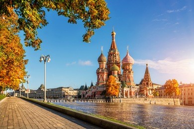 autumn gold by the eyes of st. basil's cathedral in moscow in the early morning