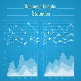 set of four white business graphs isolated on blue background