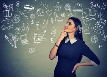 young happy woman dreaming thinking about shopping time 
