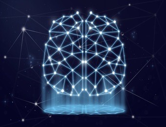 polygonal brain shape of an artificial intelligence with lines and dots and shadow over the technology connection shape background, business technology and network connections concept