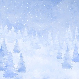winter watercolor christmas card. hand drawn landscape background with falling snow, spruce forest silhouette