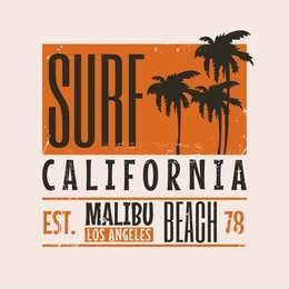 vector illustration on the theme of surfing and surf in california, malibu beach. vintage design.  grunge background. typography, t-shirt graphics, print, poster, banner, flyer, postcard