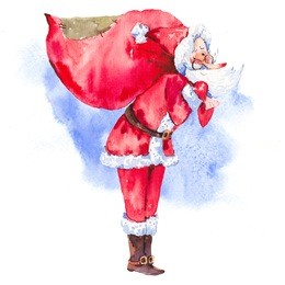 vintage watercolor cute santa claus with big bag full of christmas presents, fairytale winter watercolor new year illustration, holiday isolated design elements