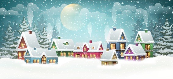 winter village landscape with pine forest