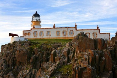 neist point is a viewpoint on the most westerly point of isle of skye, scotland. neist point lighthouse has been located there since 1909.