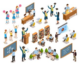 college university students writing on blackboard studying in library cheerleading and graduating isometric icons collection vector illustration 