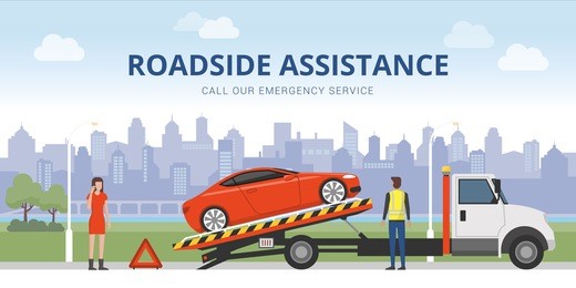 roadside assistance and car insurance concept: broken car on a tow truck and woman calling emergency services