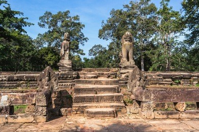 srah srang with lion and naga statues in angkor, cambodia