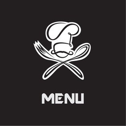 menu design with hat, fork and spoon on black background