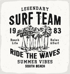 surf team print in black and white for t-shirt or apparel. retro beach style graphic with old school typography for fashion and printing. vintage effects are easily removable.