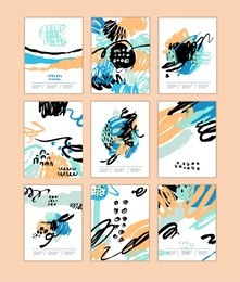 set of artistic creative cards with hand drawn shapes and textures
universal templates for invitation.
