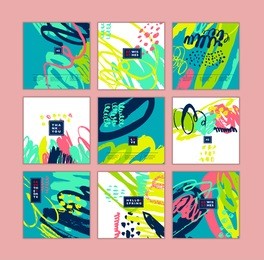 set of artistic creative cards with hand drawn shapes and textures
universal templates for invitation.
