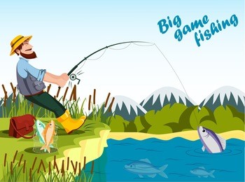 fisherman fishing at lake with rod and catching fish. sport outdoor man leisure or relaxation at his hobby, bucket with fish and reed, mountain landscape. hobby of old fisherman illustration