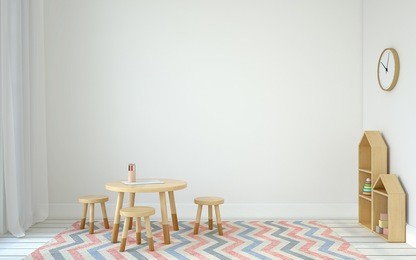 interior of playroom with small table and three chairs. scandinavic style. 3d render.