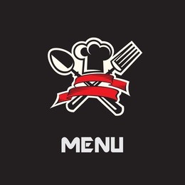menu design with hat, fork and spoon on black background