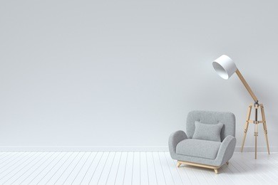 the interior has a sofa and modern lighting on empty white wall background,3d rendering