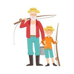 grandfather and grandson going fishing. part of grandparent and grandchild passing time together set of illustrations