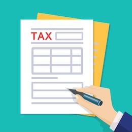 man hands filling tax form. tax form isolated on blue background. vector illustration. flat style. modern concept for web banners, web sites, infographics.