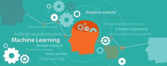 machine learning algorithm concept with related subject such as decision tree, artificial neural network, deep learning and sparse dictionary present with gear gear inside human brain head