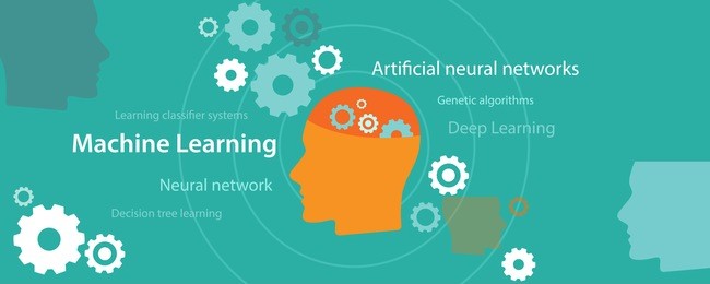 machine learning algorithm concept with related subject such as decision tree, artificial neural network, deep learning and sparse dictionary present with gear gear inside human brain head