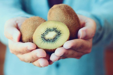 holding fresh kiwi fruit in hands vintage tone