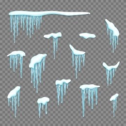 set of realistic borders with snow and icicles. elements for christmas design over transparent background, vector illustration