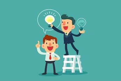 successful businessman give another businessman new idea bulb
