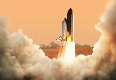 spacecraft takes off into space. rocket on the planet mars