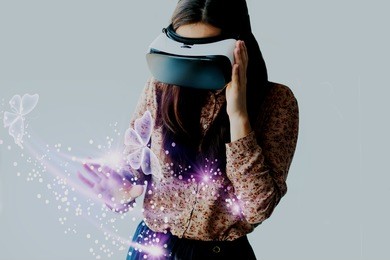 woman with glasses of virtual reality. future technology concept.