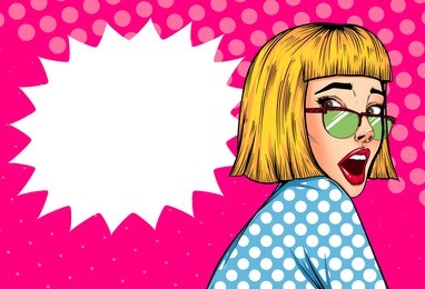 pop art vintage advertising poster comic girl with speech bubble. surprised pretty girl vector illustration