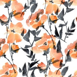 watercolor and ink illustration of red flowers. sumi-e, u-sin painting. seamless pattern.