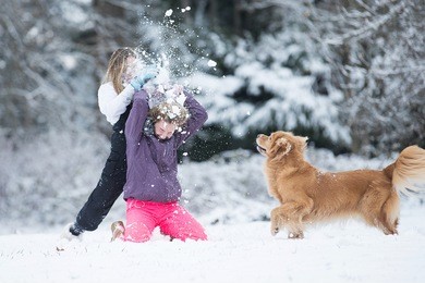 child smashing snowball over another kids head during a white wi