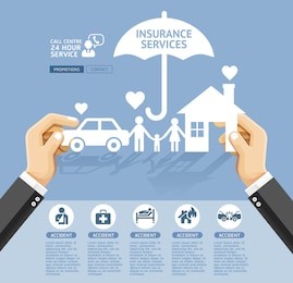 insurance policy services conceptual design. hand holding a paper home, car, family. vector illustrations.