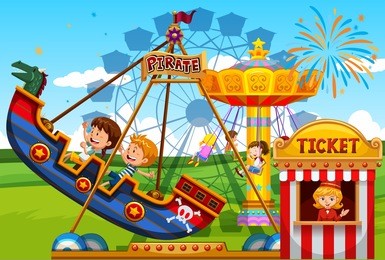 children playing on rides at the fun park illustration