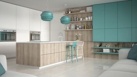 minimalistic white kitchen with wooden and turquoise details, minimal interior design, 3d illustration
